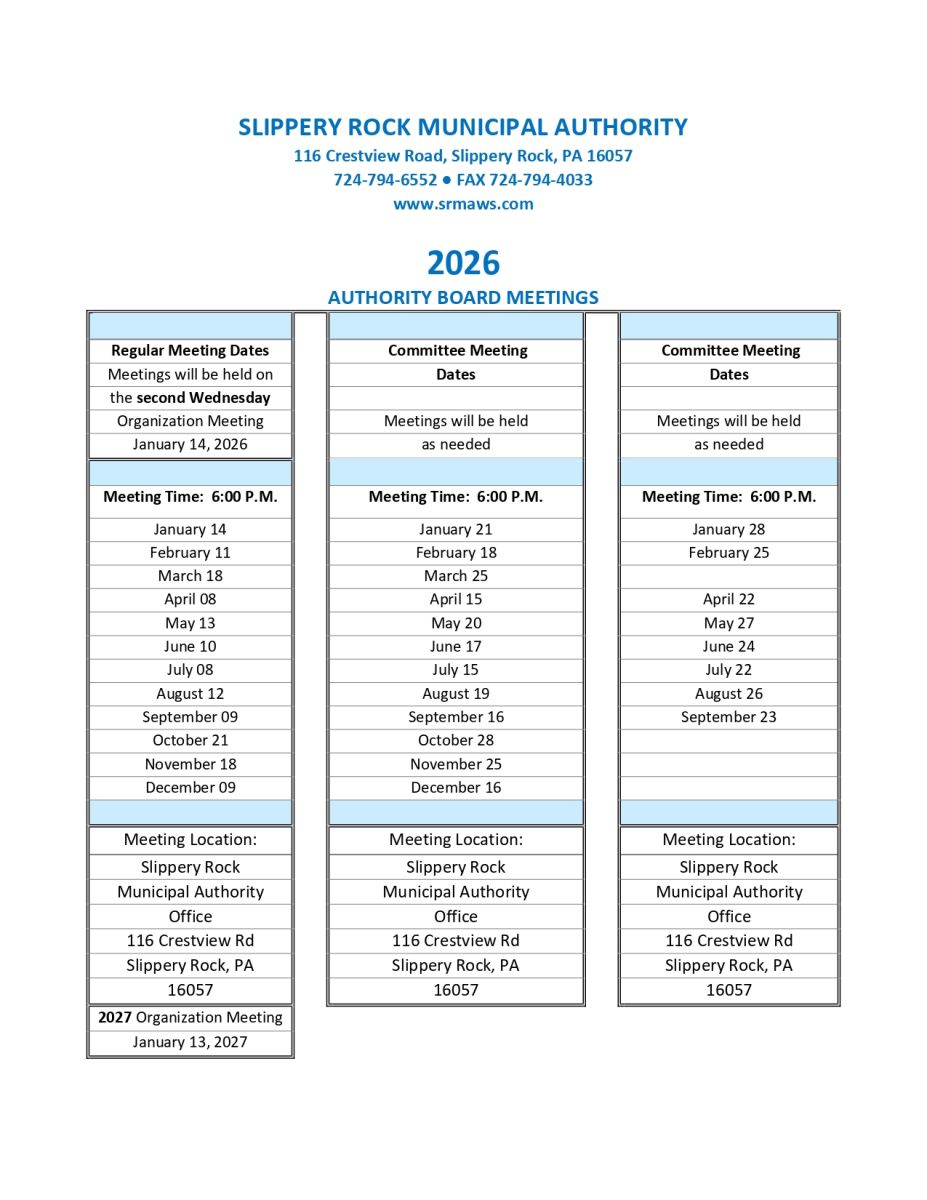 Regular meeting dates will be held on the second Wednesday unless posted. 2027 Organization meeting: Jan. 13, 2027.